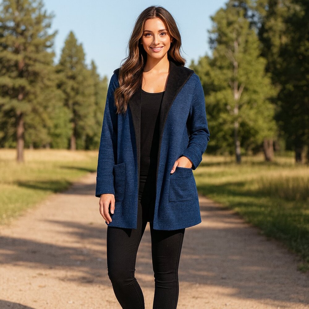 T by Talbots XS Fleece Lined‎ Open Front Blue Long Sleeve Cardigan Casual Jacket